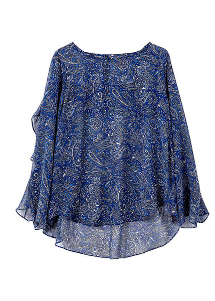Summer Ruffled Patchwork Organic Blue Blouses Chiffon Print FashionChic