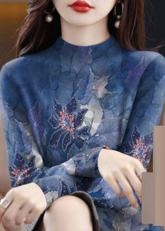 Organic Blue Turtleneck Print Warm Top Spring TA003