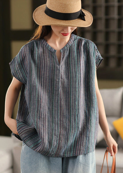 Shirt Blue Striped Linen Summer Top Neck V Organic FashionChic