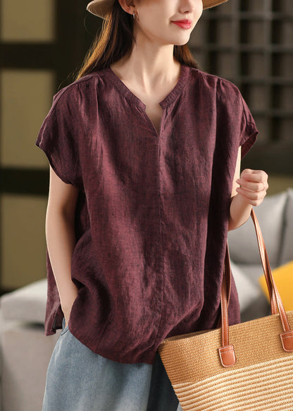 Shirt Blue Striped Linen Summer Top Neck V Organic FashionChic