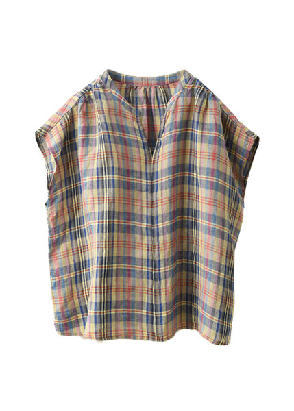 Shirt Blue Striped Linen Summer Top Neck V Organic FashionChic