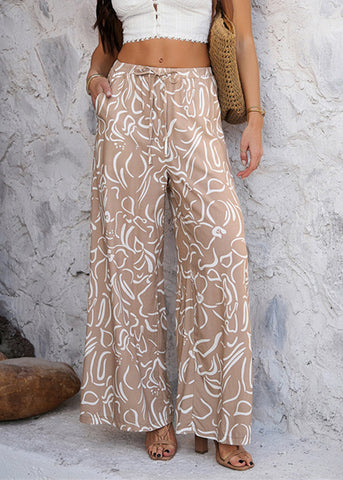 Pants Organic Wide Holiday Waist Elastic Coffee Summer Leg FashionChic