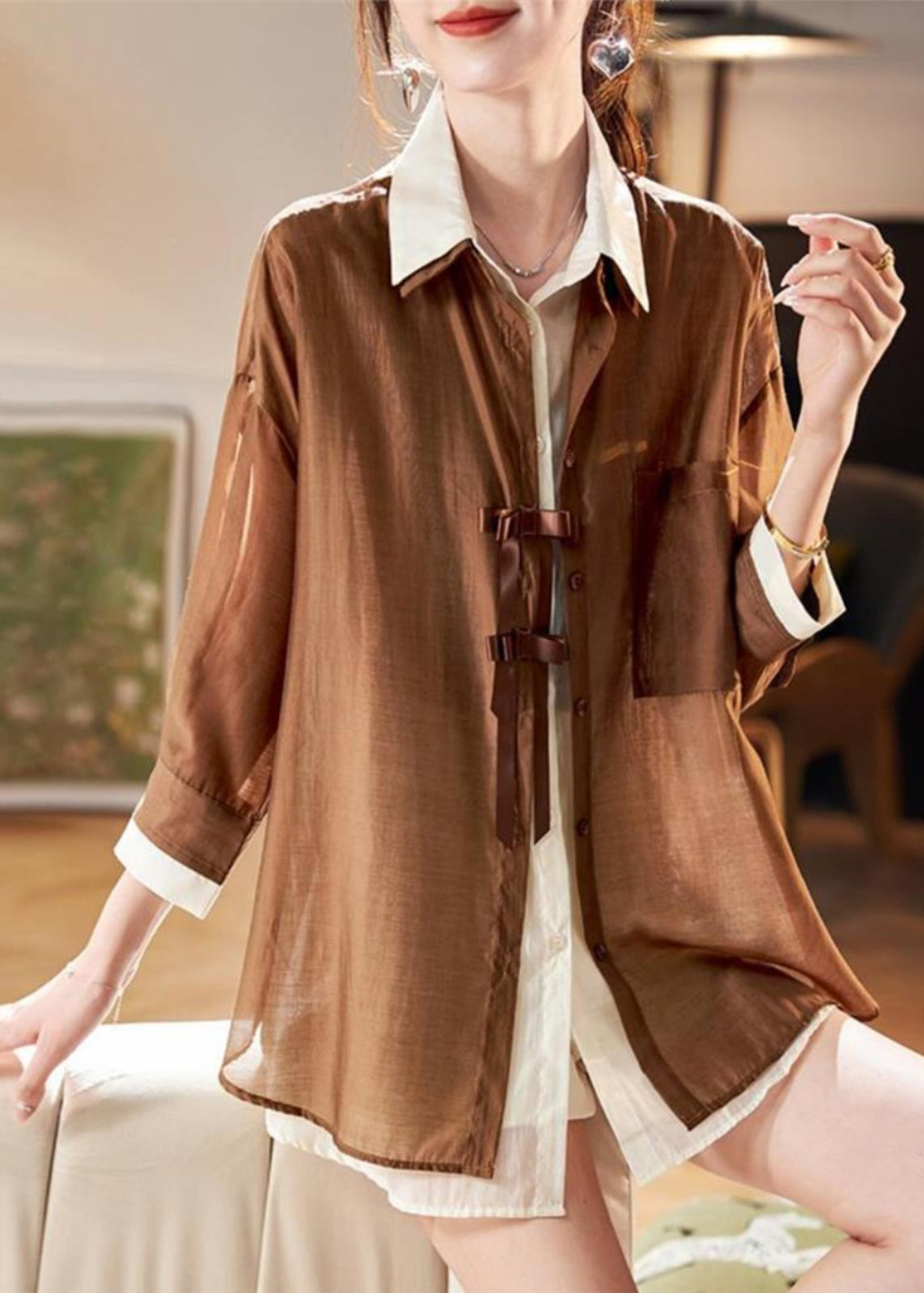 Two Shirt Pieces Fake Patchwork Organic Chiffon Spring Coffee FashionChic