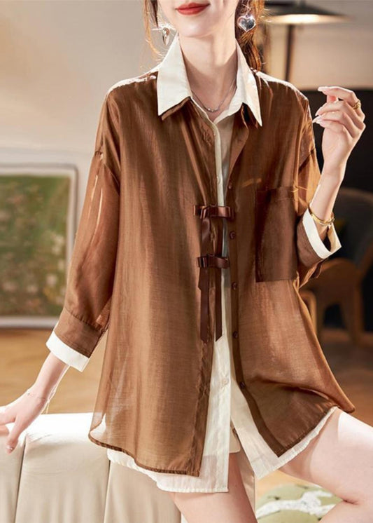 Two Shirt Pieces Fake Patchwork Organic Chiffon Spring Coffee FashionChic