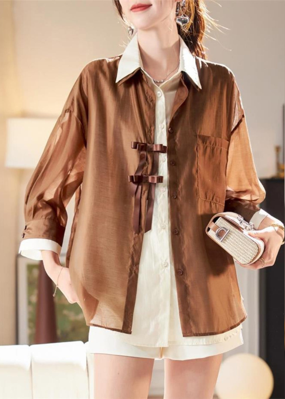 Two Shirt Pieces Fake Patchwork Organic Chiffon Spring Coffee FashionChic