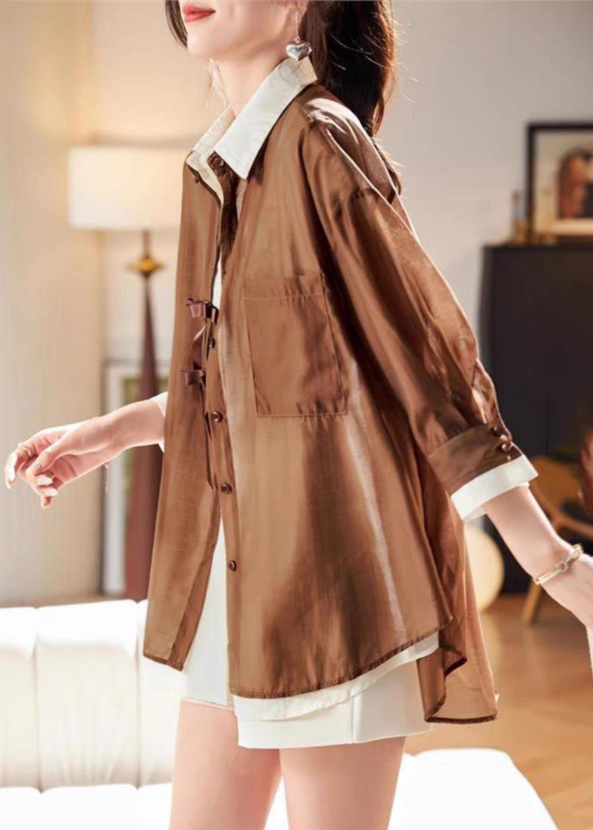 Two Shirt Pieces Fake Patchwork Organic Chiffon Spring Coffee FashionChic