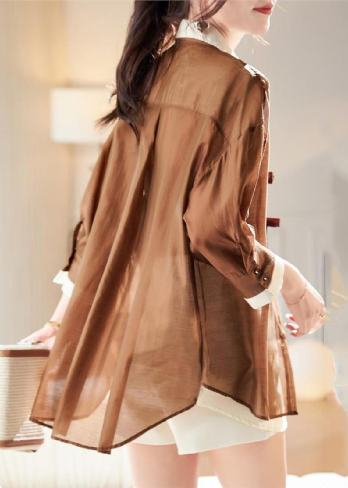 Two Shirt Pieces Fake Patchwork Organic Chiffon Spring Coffee FashionChic