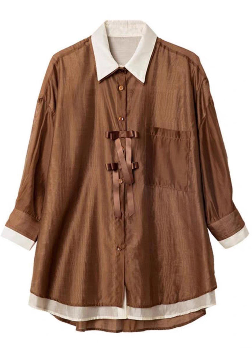 Two Shirt Pieces Fake Patchwork Organic Chiffon Spring Coffee FashionChic