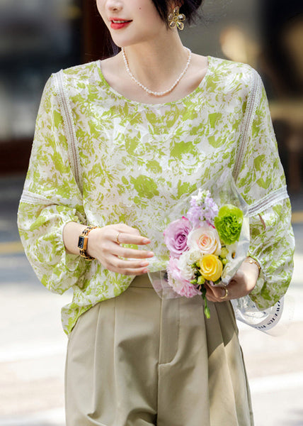 Organic Fluorescent Green O-Neck Patchwork Chiffon Shirts Fall WW018 OL-LTP240812