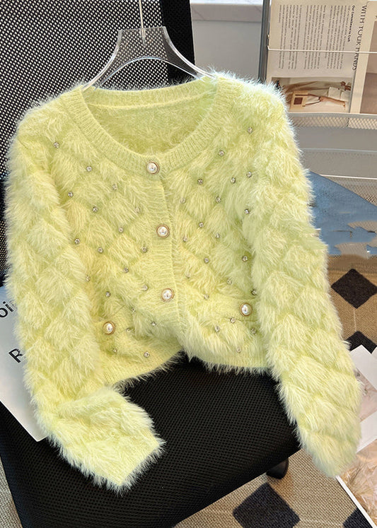 Organic Fluorescent Green Zircon Fuzzy Fur Fluffy Cardigan Spring MZF-NCT250315