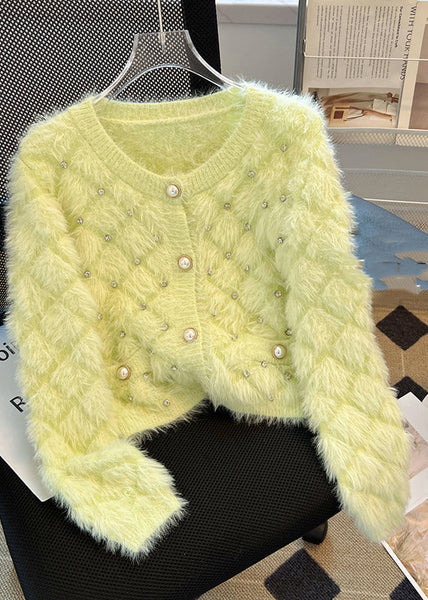 Organic Fluorescent Green Zircon Fuzzy Fur Fluffy Cardigan Spring MZF-NCT250315