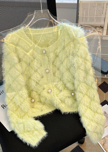 Organic Fluorescent Green Zircon Fuzzy Fur Fluffy Cardigan Spring MZF-NCT250315