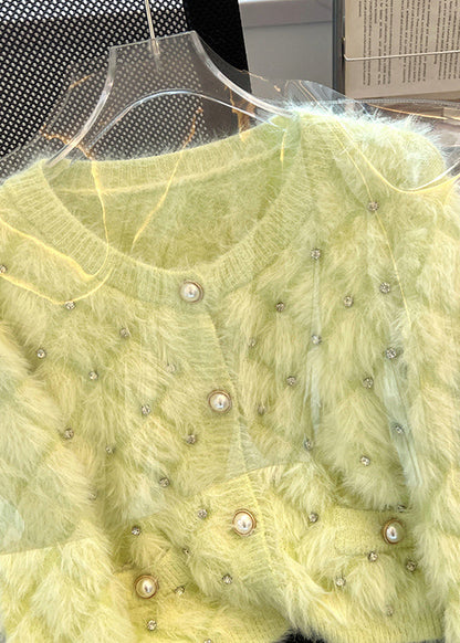 Organic Fluorescent Green Zircon Fuzzy Fur Fluffy Cardigan Spring MZF-NCT250315