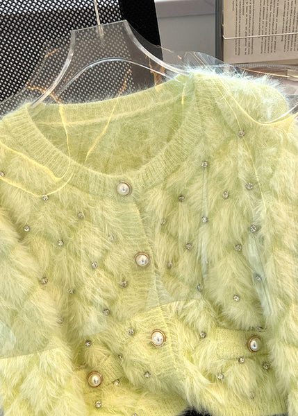 Organic Fluorescent Green Zircon Fuzzy Fur Fluffy Cardigan Spring MZF-NCT250315