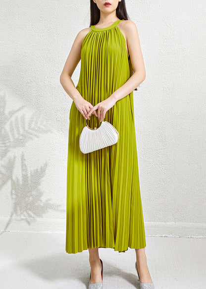 Green Wrinkled Halter Dress Long Pockets Sleeveless Organic FashionChic