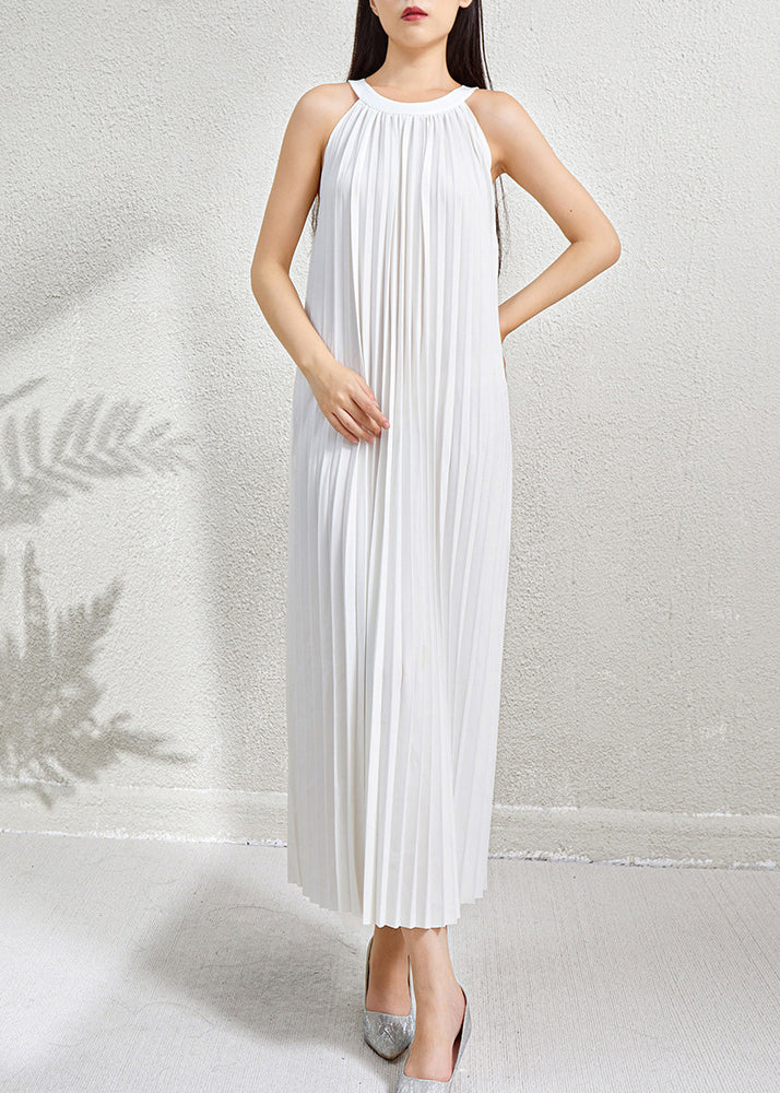 Green Wrinkled Halter Dress Long Pockets Sleeveless Organic FashionChic