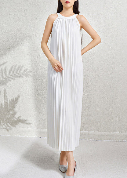 Green Wrinkled Halter Dress Long Pockets Sleeveless Organic FashionChic