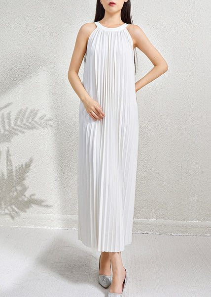 Green Wrinkled Halter Dress Long Pockets Sleeveless Organic FashionChic