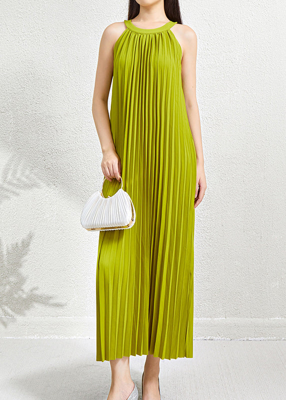 Green Wrinkled Halter Dress Long Pockets Sleeveless Organic FashionChic