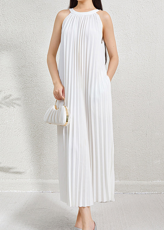 Green Wrinkled Halter Dress Long Pockets Sleeveless Organic FashionChic