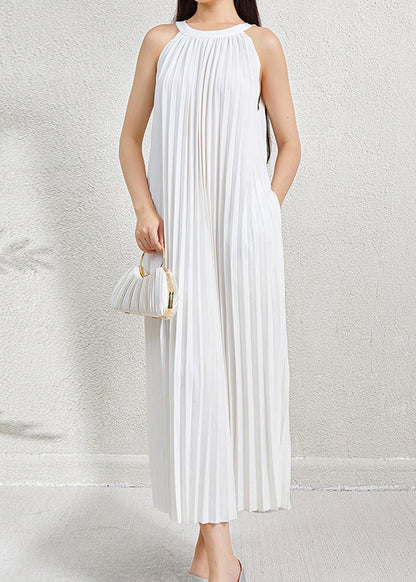 Green Wrinkled Halter Dress Long Pockets Sleeveless Organic FashionChic