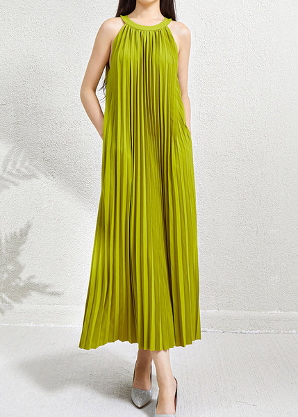 Green Wrinkled Halter Dress Long Pockets Sleeveless Organic FashionChic