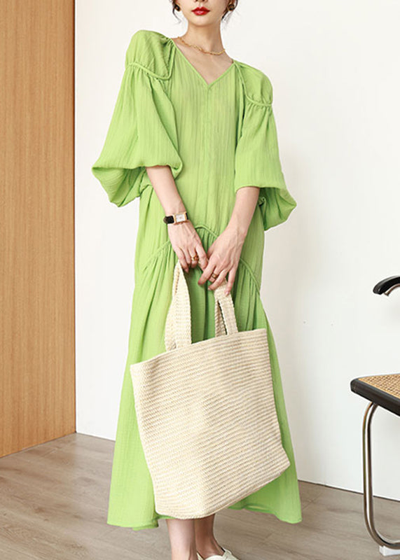 Organic Green V Neck Wrinkled Patchwork Long Dresses Lantern Sleeve UU1039 SH-LF-FDL240526