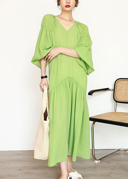 Organic Green V Neck Wrinkled Patchwork Long Dresses Lantern Sleeve UU1039 SH-LF-FDL240526