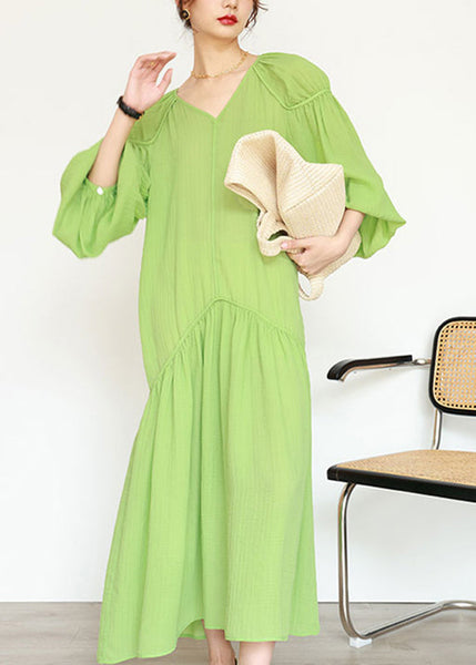 Organic Green V Neck Wrinkled Patchwork Long Dresses Lantern Sleeve UU1039 SH-LF-FDL240526