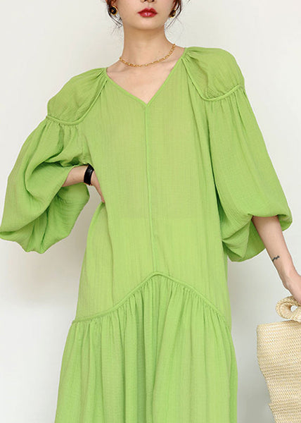 Organic Green V Neck Wrinkled Patchwork Long Dresses Lantern Sleeve UU1039 SH-LF-FDL240526