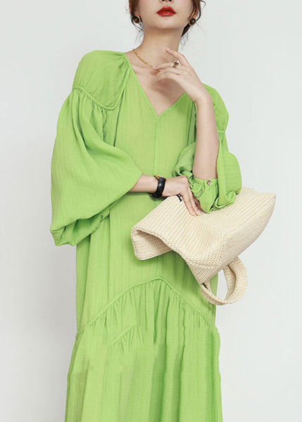 Organic Green V Neck Wrinkled Patchwork Long Dresses Lantern Sleeve UU1039 SH-LF-FDL240526