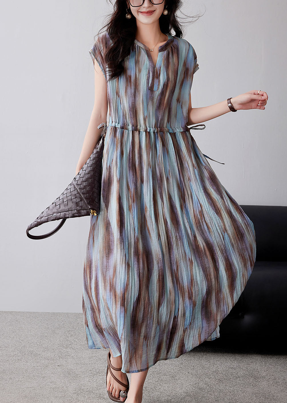 Organic Khaki Cinched Tie Dye Chiffon Maxi Dresses Summer YY010 OL-SDL2408-16