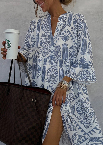 Organic Khaki V Neck Print Cotton Mid Dresses Fall QY040 BB-ZS-WM-FDM241002