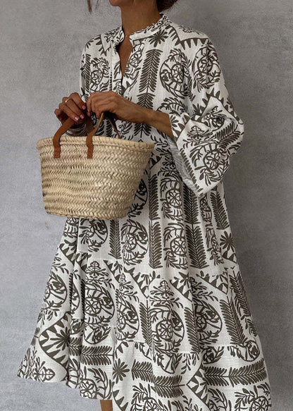 Organic Khaki V Neck Print Cotton Mid Dresses Fall QY040 BB-ZS-WM-FDM241002