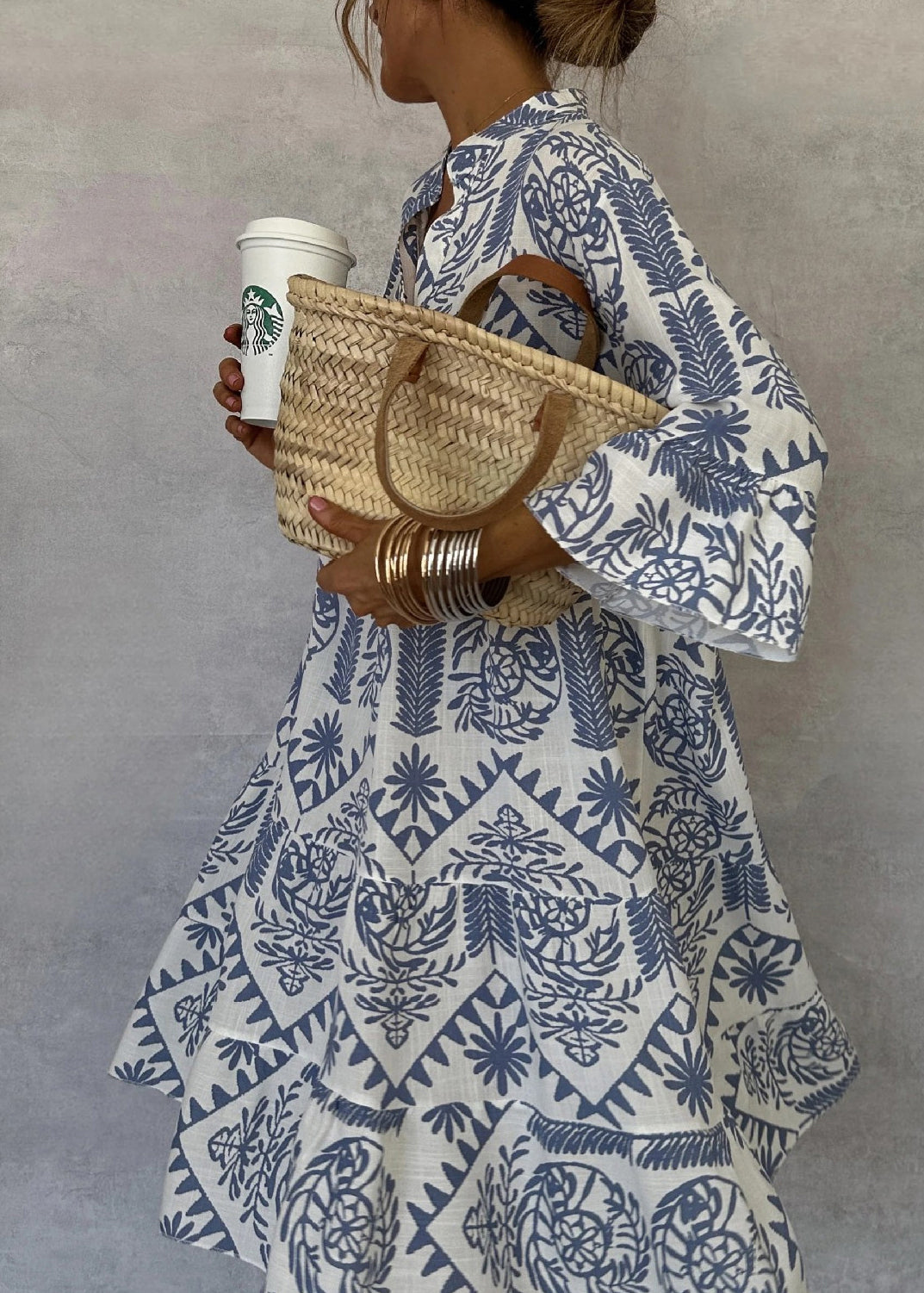 Organic Khaki V Neck Print Cotton Mid Dresses Fall QY040 BB-ZS-WM-FDM241002