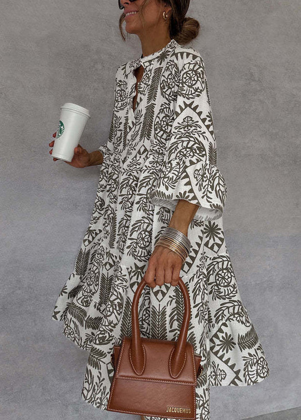 Organic Khaki V Neck Print Cotton Mid Dresses Fall QY040 BB-ZS-WM-FDM241002