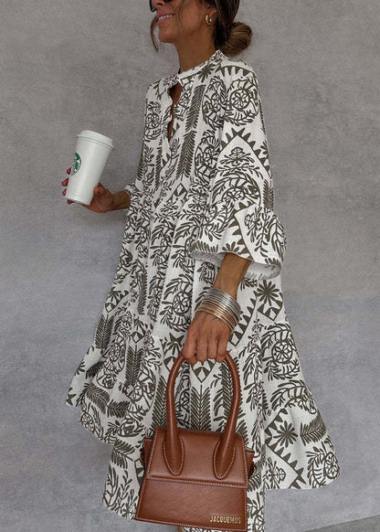 Organic Khaki V Neck Print Cotton Mid Dresses Fall QY040 BB-ZS-WM-FDM241002