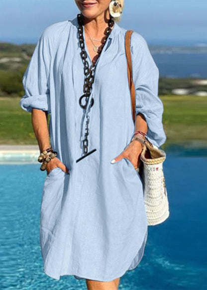 V Mid Dresses Blue Vacation Organic Patchwork Light Pockets Neck FashionChic