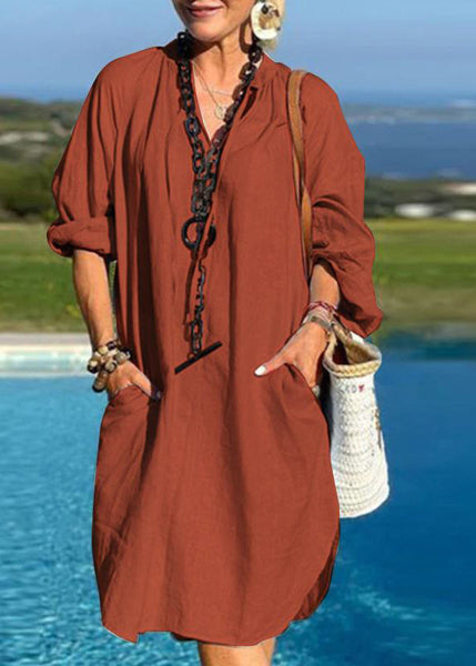 V Mid Dresses Blue Vacation Organic Patchwork Light Pockets Neck FashionChic