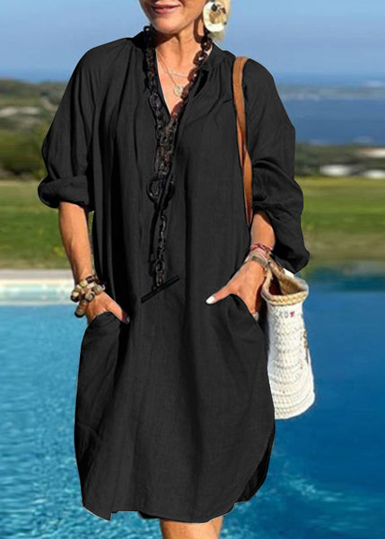 V Mid Dresses Blue Vacation Organic Patchwork Light Pockets Neck FashionChic