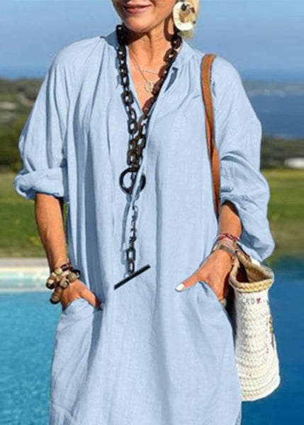 V Mid Dresses Blue Vacation Organic Patchwork Light Pockets Neck FashionChic