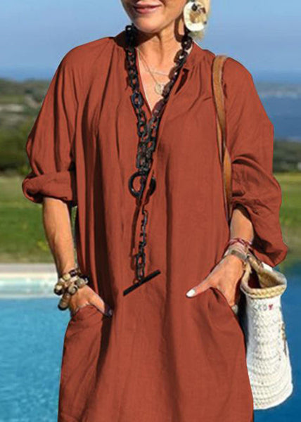 V Mid Dresses Blue Vacation Organic Patchwork Light Pockets Neck FashionChic