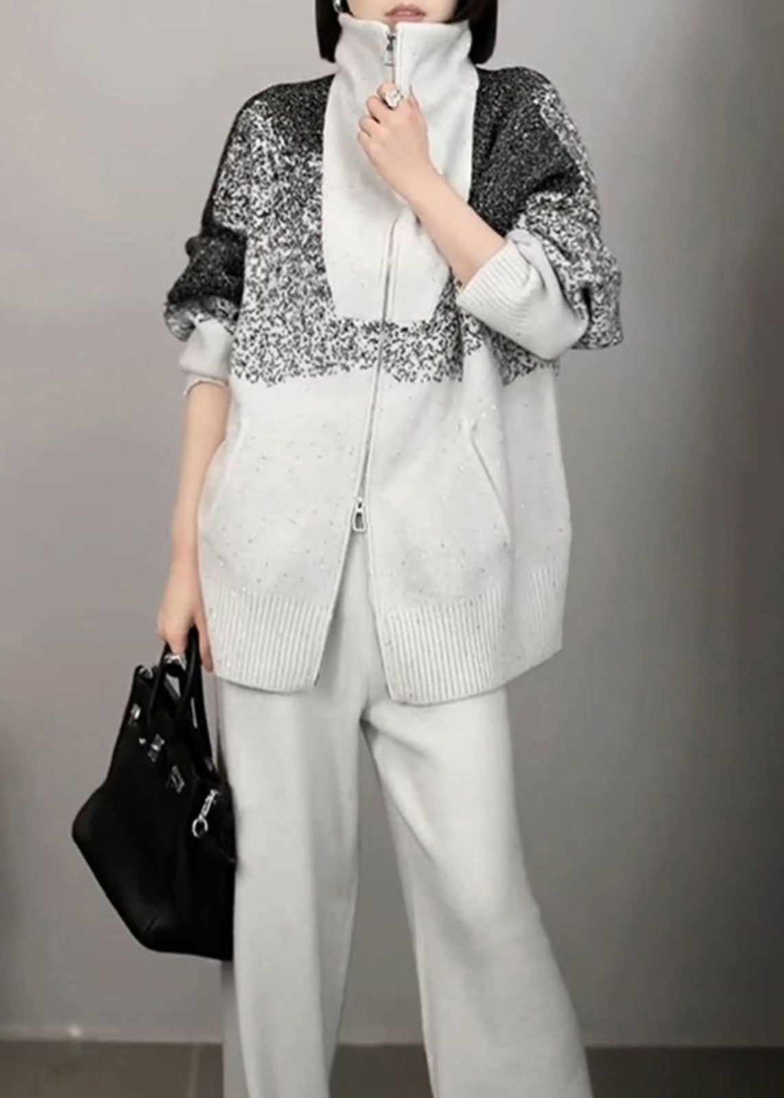 Organic Light Grey Print Zippered Cotton Knit Sweaters And Wide Leg Pants Two Pieces Set Winter RF040 ABC