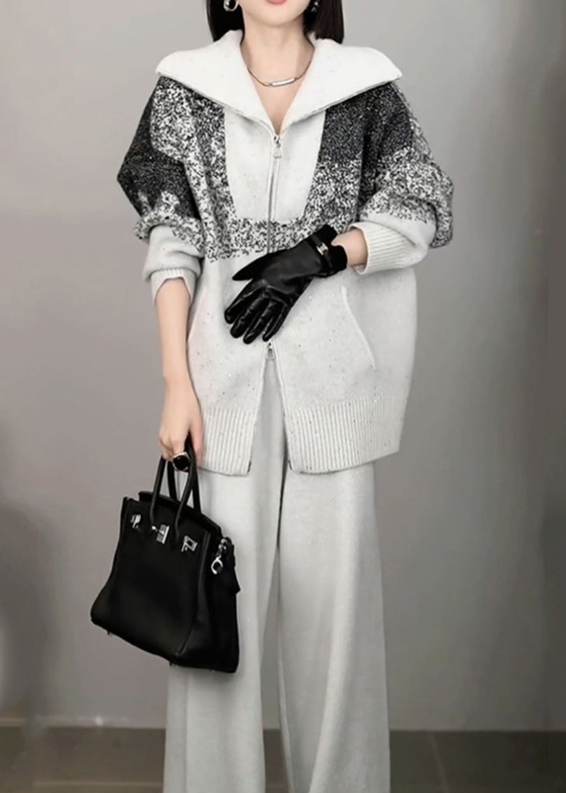 Organic Light Grey Print Zippered Cotton Knit Sweaters And Wide Leg Pants Two Pieces Set Winter RF040 ABC