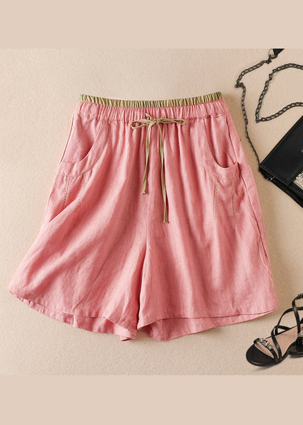 Organic Linen Pockets Elastic Waist Cotton Shorts Summer AM1040 Genistyle Shop