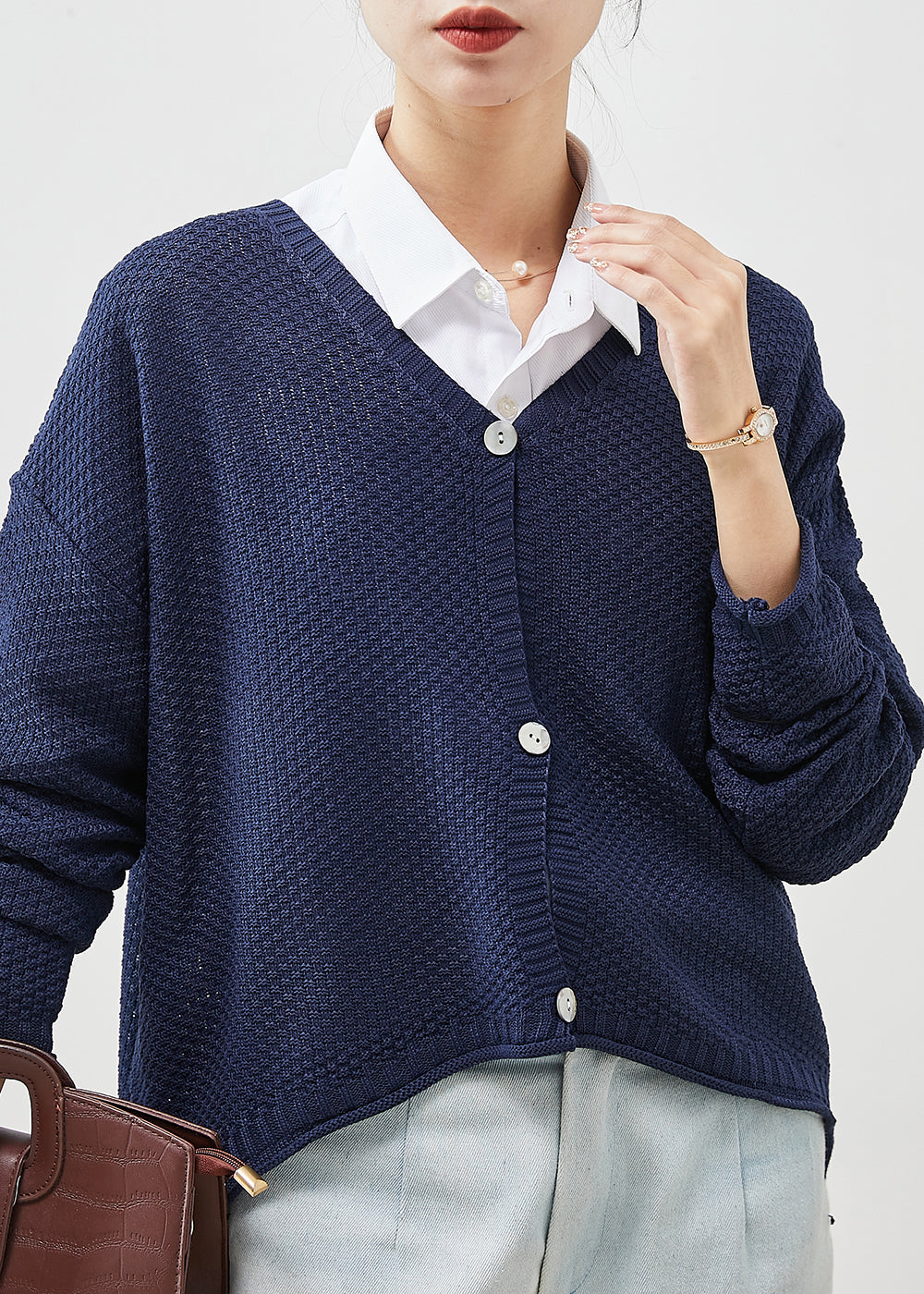 Organic Navy Oversized Knit Cardigans Spring YU1039 Ada Fashion
