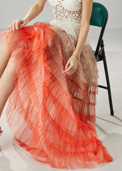Organic Orange Ruffled Patchwork Tulle Skirts Summer YU1027 Ada Fashion