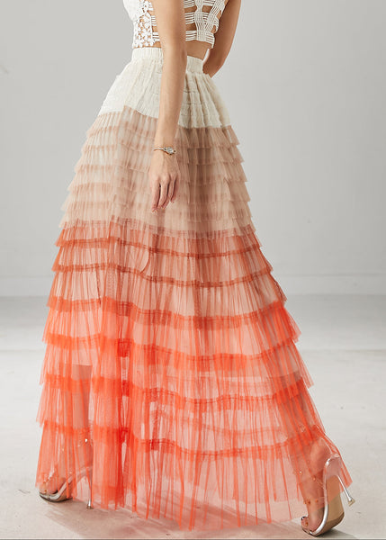 Organic Orange Ruffled Patchwork Tulle Skirts Summer YU1027 Ada Fashion
