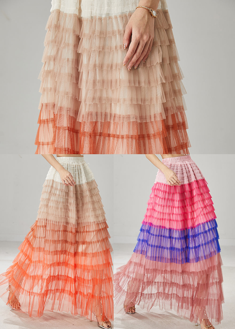 Organic Orange Ruffled Patchwork Tulle Skirts Summer YU1027 Ada Fashion