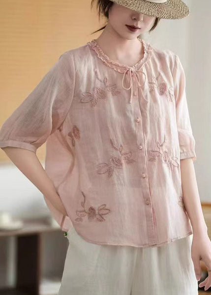 Summer Pink Organic Tops Tie Embroidered Linen Neck FashionChic